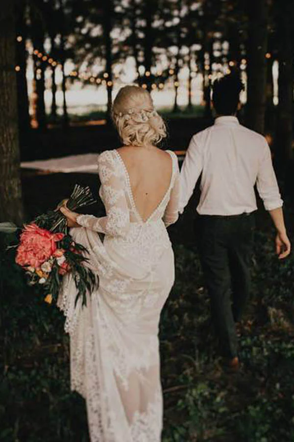 Sheath Backless Lace Long Sleeve Ivory Applique Country Wedding Dress - Image 2
