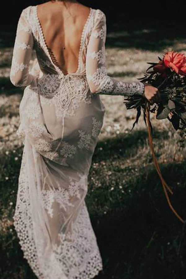 Sheath Backless Lace Long Sleeve Ivory Applique Country Wedding Dress - Image 3