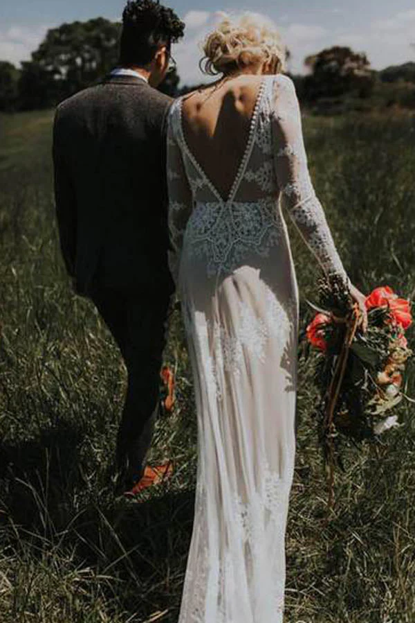 Sheath Backless Lace Long Sleeve Ivory Applique Country Wedding Dress - Image 4