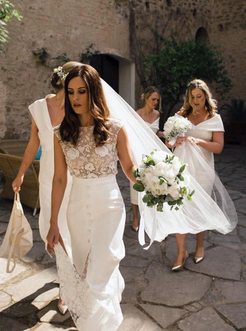 Sheath Bateau Cap Sleeves Sweep Train Lace Wedding Dress with Split - Image 2