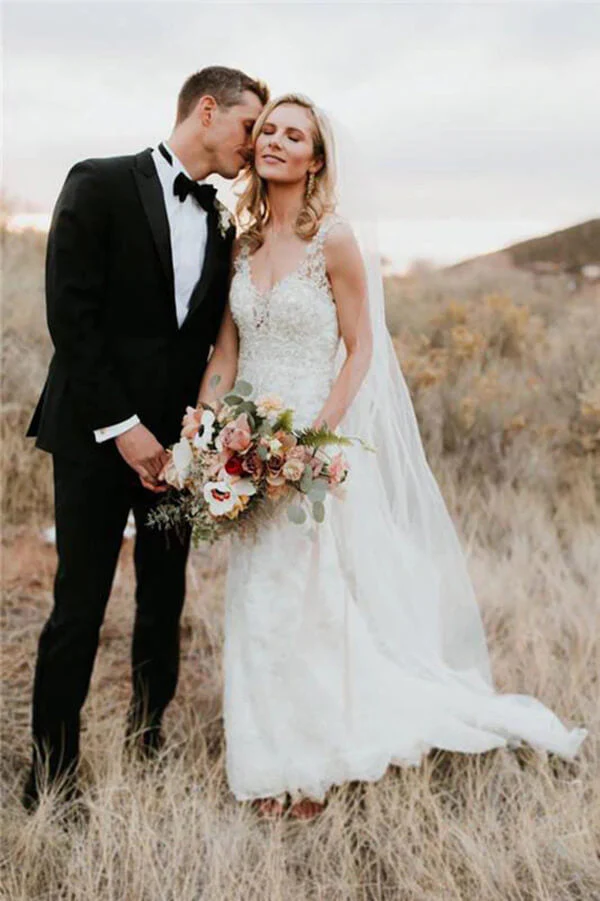 Sheath Beaded V-neck Backless Lace Wedding Dresses, Wedding Gowns