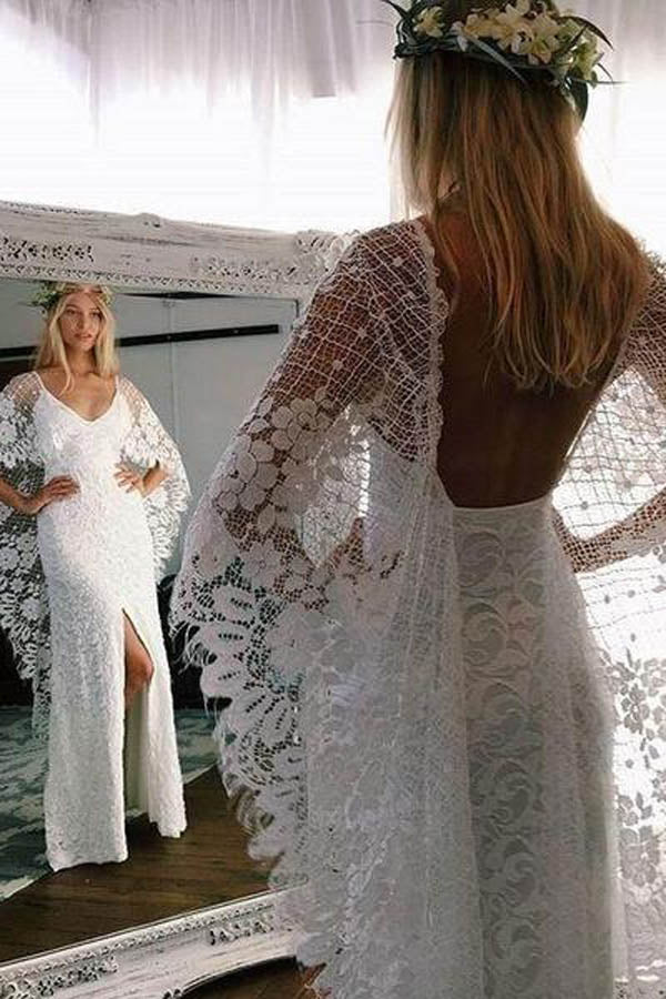 Sheath Boho Batwing Sleeve Lace Rustic Ivory Wedding Dresses - Image 3