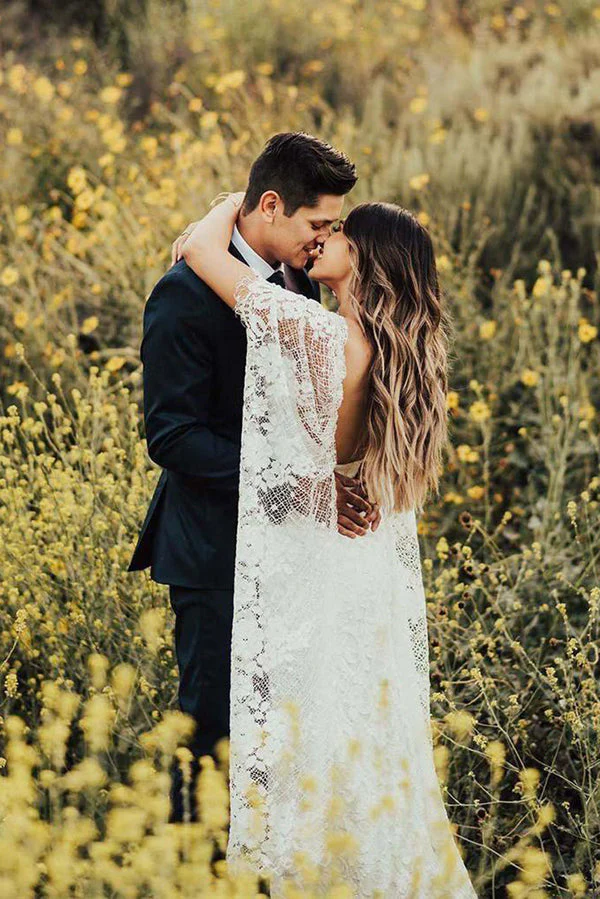 Sheath Boho Batwing Sleeve Lace Rustic Ivory Wedding Dresses - Image 4