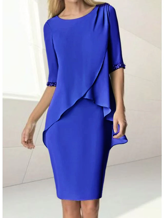 Sheath/Column Jewel Neck Knee-Length Half Sleeve Mother of the Bride Dresses with Beading Ruching - Image 13
