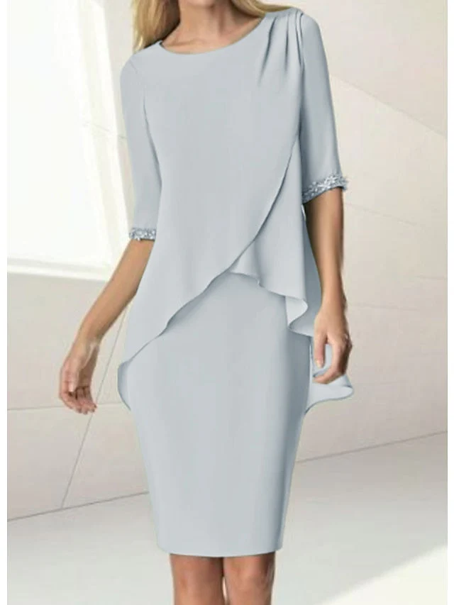 Sheath/Column Jewel Neck Knee-Length Half Sleeve Mother of the Bride Dresses with Beading Ruching - Image 5