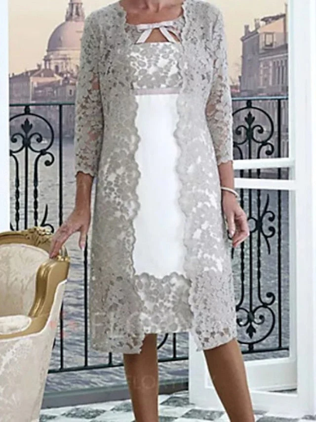 Sheath/Column Jewel Neck Knee-Length Mother of the Bride Dresses - Image 2