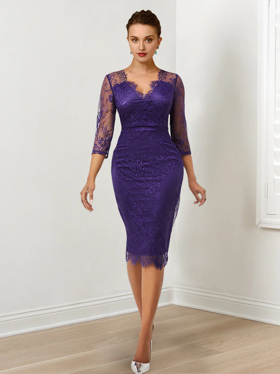 Sheath/Column Lace V-Neck Mother of the Bride Dresses with Watteau Train - Image 3