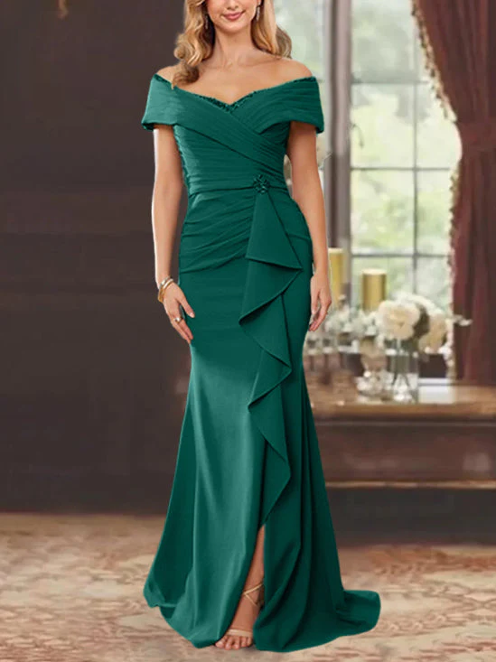 Sheath/Column Off-the-Shoulder Sleeveless Floor-Length Mother of the Bride Dresses With Ruffles - Image 16