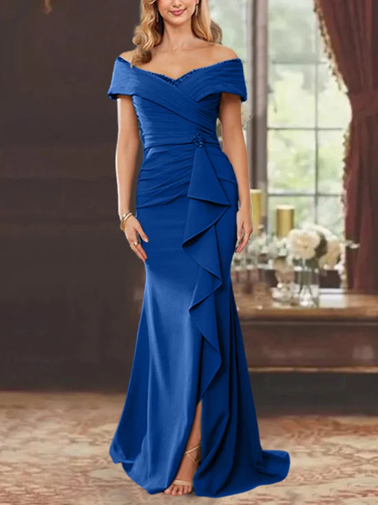 Sheath/Column Off-the-Shoulder Sleeveless Floor-Length Mother of the Bride Dresses With Ruffles - Image 26