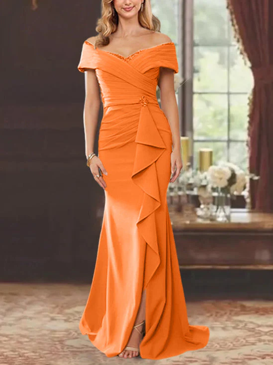Sheath/Column Off-the-Shoulder Sleeveless Floor-Length Mother of the Bride Dresses With Ruffles - Image 31