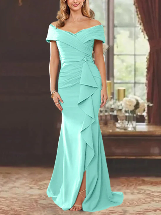 Sheath/Column Off-the-Shoulder Sleeveless Floor-Length Mother of the Bride Dresses With Ruffles - Image 38