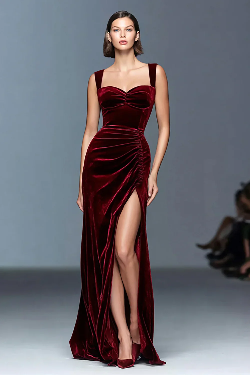 Burgundy Velvet Sheath Ruched Long Holiday Party Dress with Slit