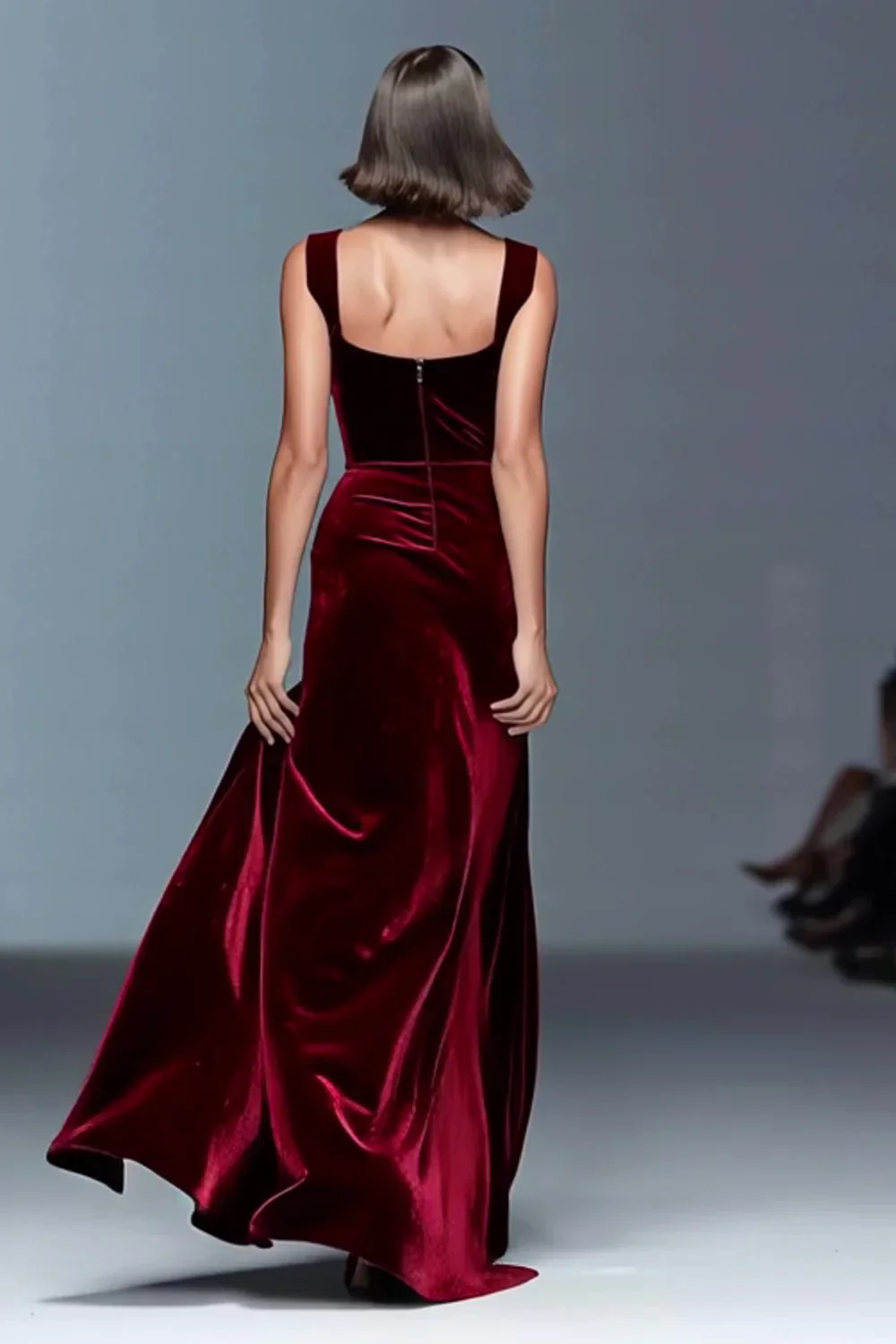 Burgundy Velvet Sheath Ruched Long Holiday Party Dress with Slit - Image 2
