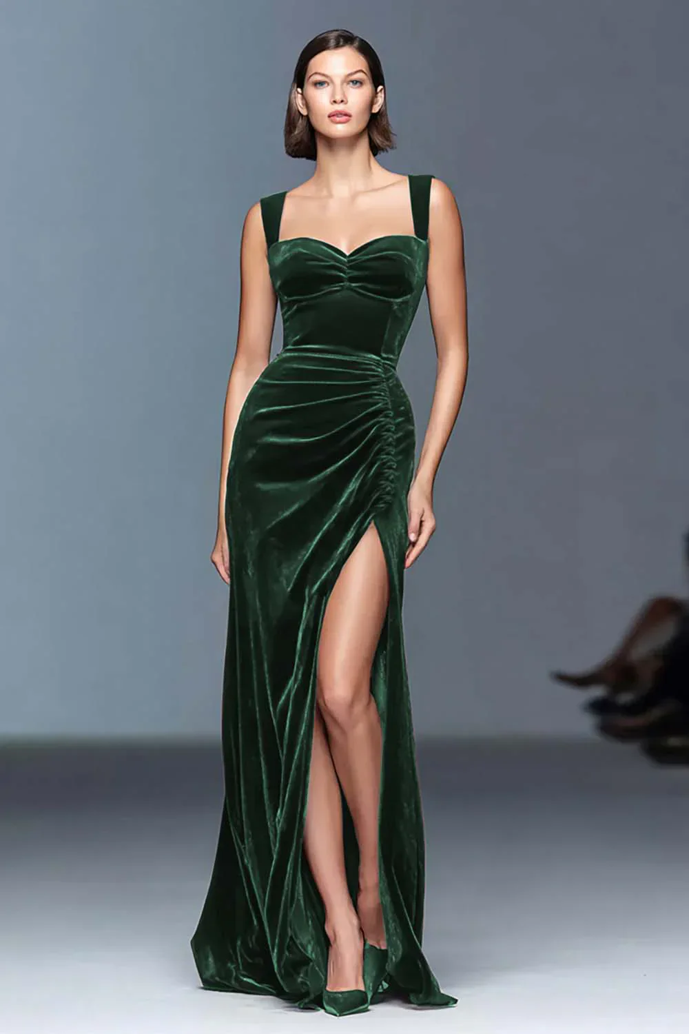 Burgundy Velvet Sheath Ruched Long Holiday Party Dress with Slit - Image 5