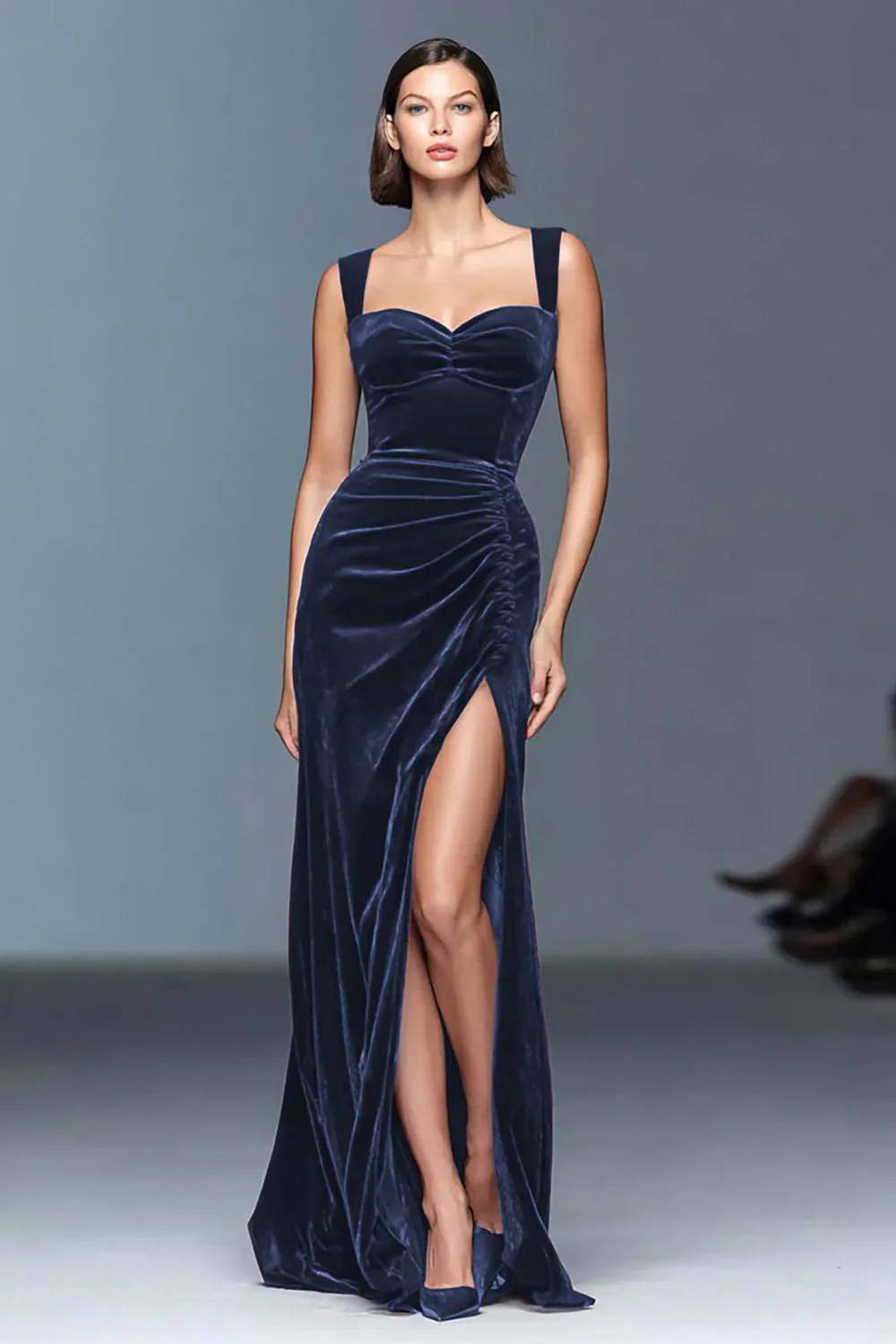Burgundy Velvet Sheath Ruched Long Holiday Party Dress with Slit - Image 6