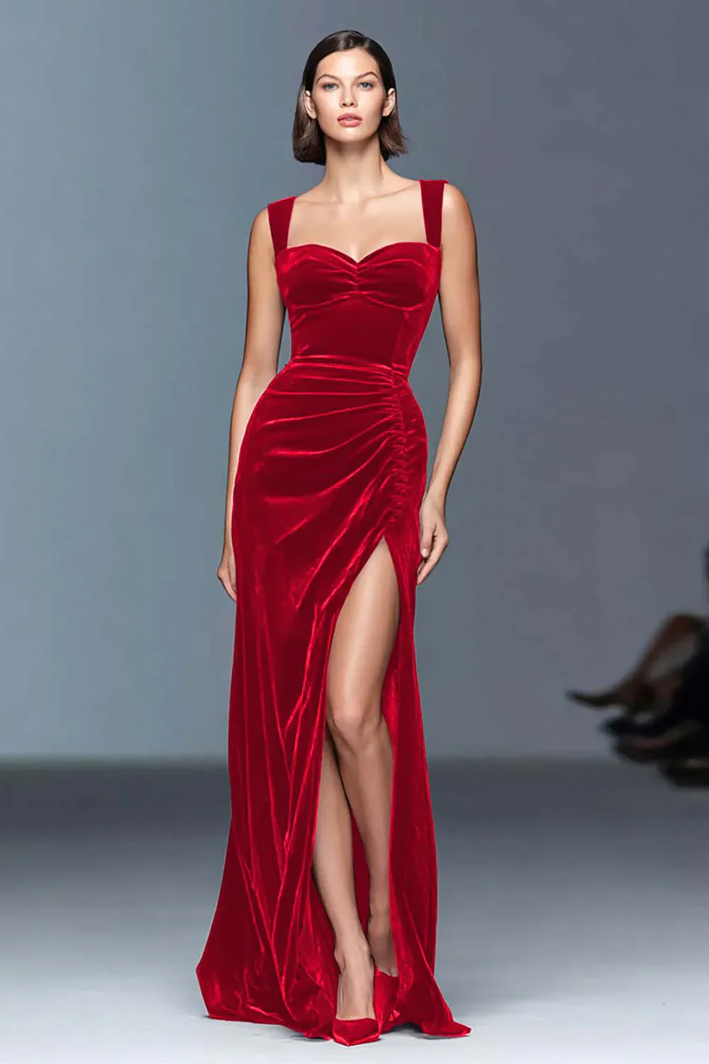 Burgundy Velvet Sheath Ruched Long Holiday Party Dress with Slit - Image 8