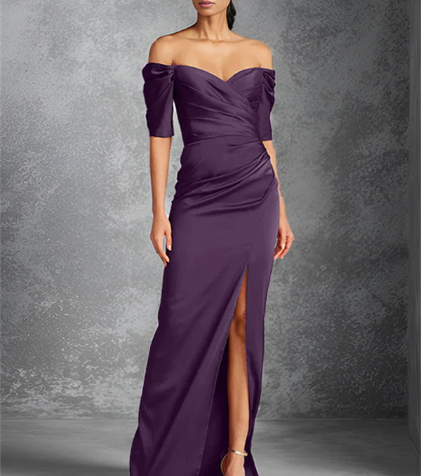 Sheath/Column Off-the-Shoulder Short Sleeves Floor-Length Mother of the Bride Dresses With Split Front - Image 21