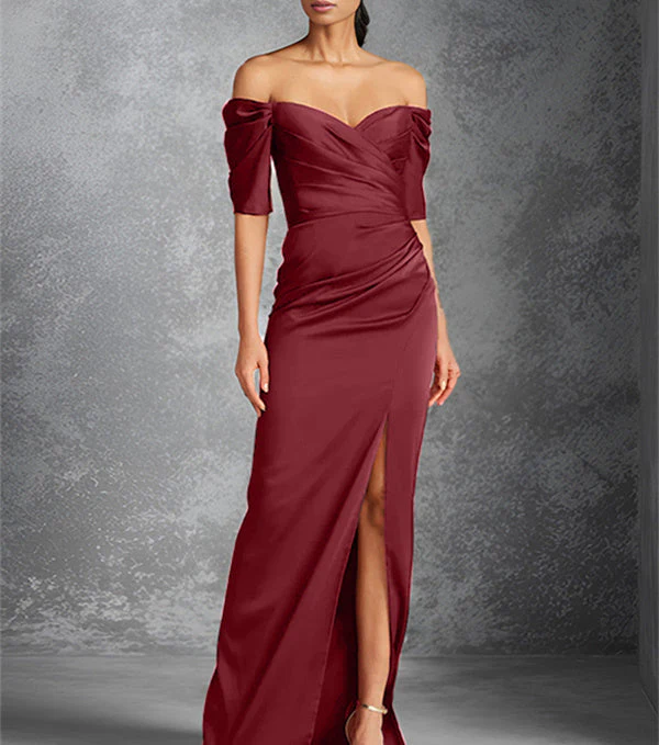 Sheath/Column Off-the-Shoulder Short Sleeves Floor-Length Mother of the Bride Dresses With Split Front - Image 4