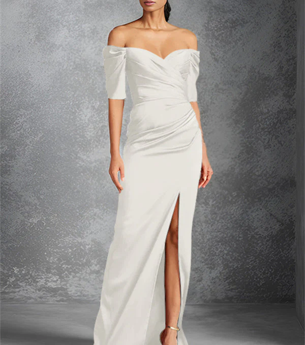 Sheath/Column Off-the-Shoulder Short Sleeves Floor-Length Mother of the Bride Dresses With Split Front - Image 9