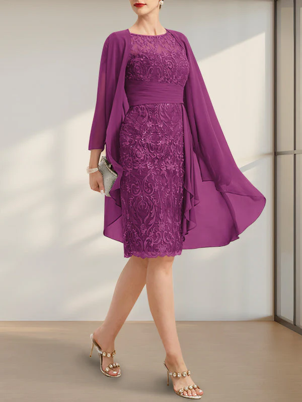Sheath/Column Scoop Illusion Knee-Length Lace Chiffon Mother of the Bride Dress With Cascading Ruffles Sequins - Image 11