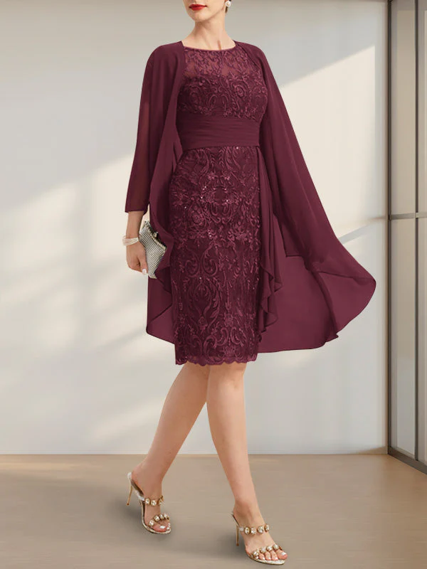 Sheath/Column Scoop Illusion Knee-Length Lace Chiffon Mother of the Bride Dress With Cascading Ruffles Sequins - Image 16