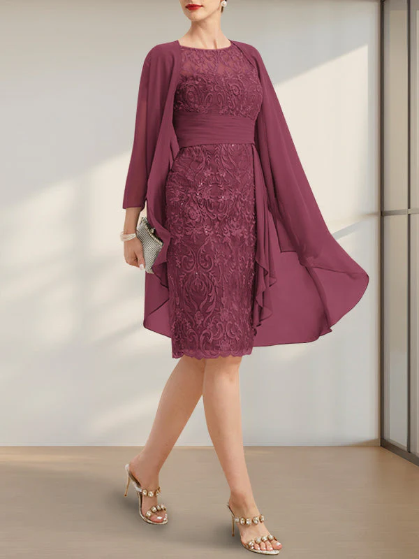 Sheath/Column Scoop Illusion Knee-Length Lace Chiffon Mother of the Bride Dress With Cascading Ruffles Sequins - Image 17