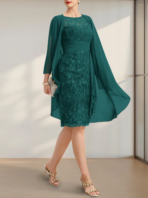 Sheath/Column Scoop Illusion Knee-Length Lace Chiffon Mother of the Bride Dress With Cascading Ruffles Sequins - Image 20