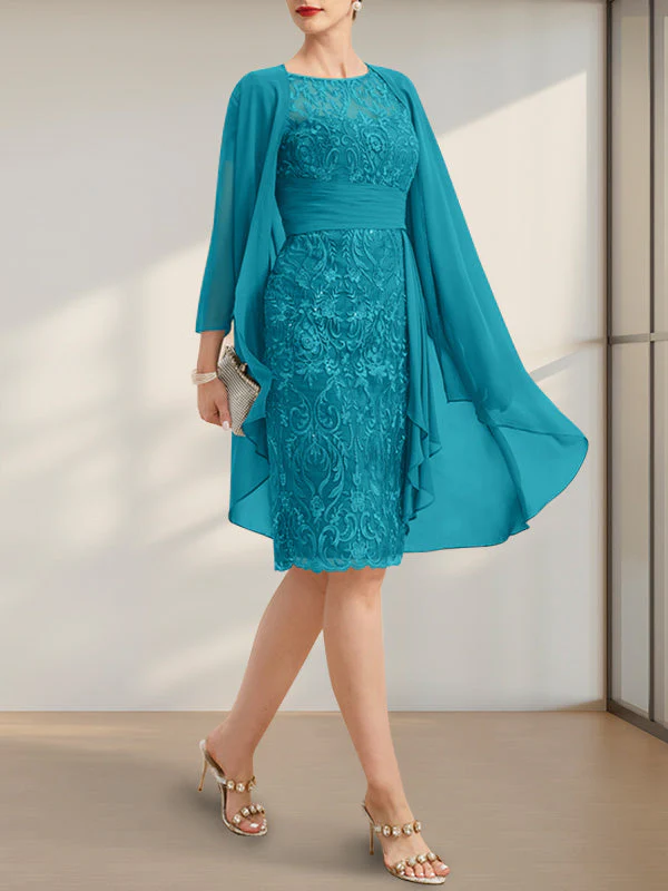 Sheath/Column Scoop Illusion Knee-Length Lace Chiffon Mother of the Bride Dress With Cascading Ruffles Sequins - Image 21