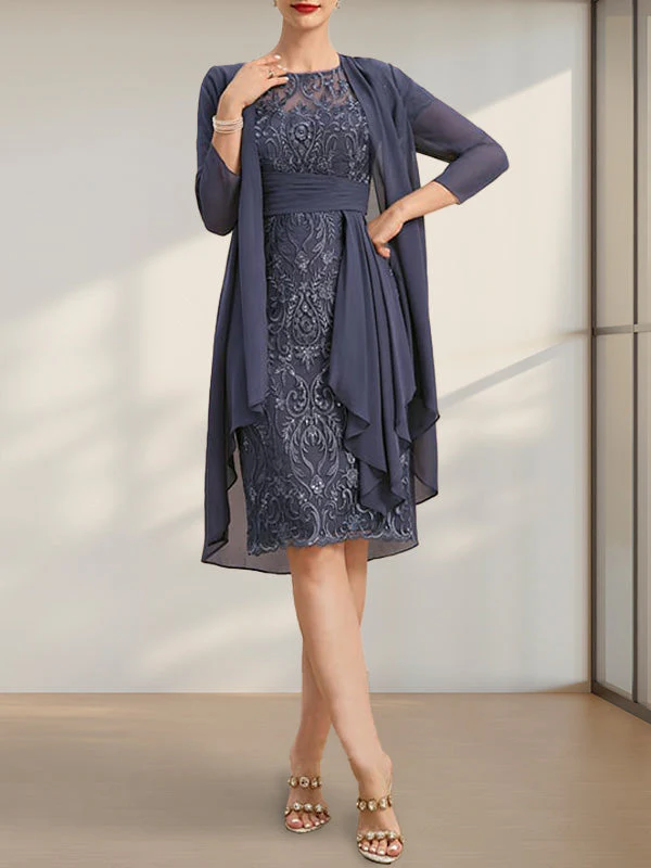 Sheath/Column Scoop Illusion Knee-Length Lace Chiffon Mother of the Bride Dress With Cascading Ruffles Sequins - Image 27
