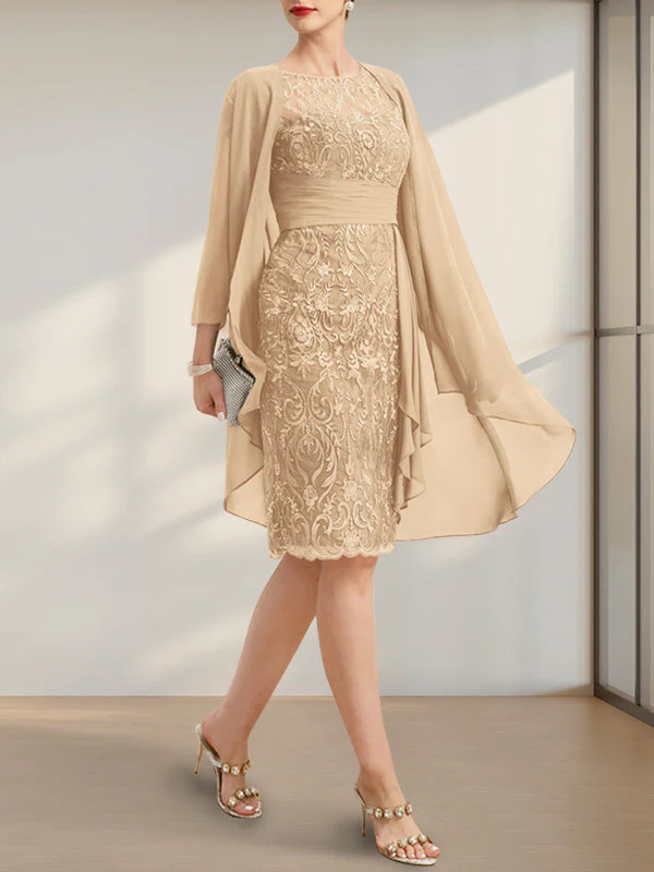 Sheath/Column Scoop Illusion Knee-Length Lace Chiffon Mother of the Bride Dress With Cascading Ruffles Sequins - Image 4
