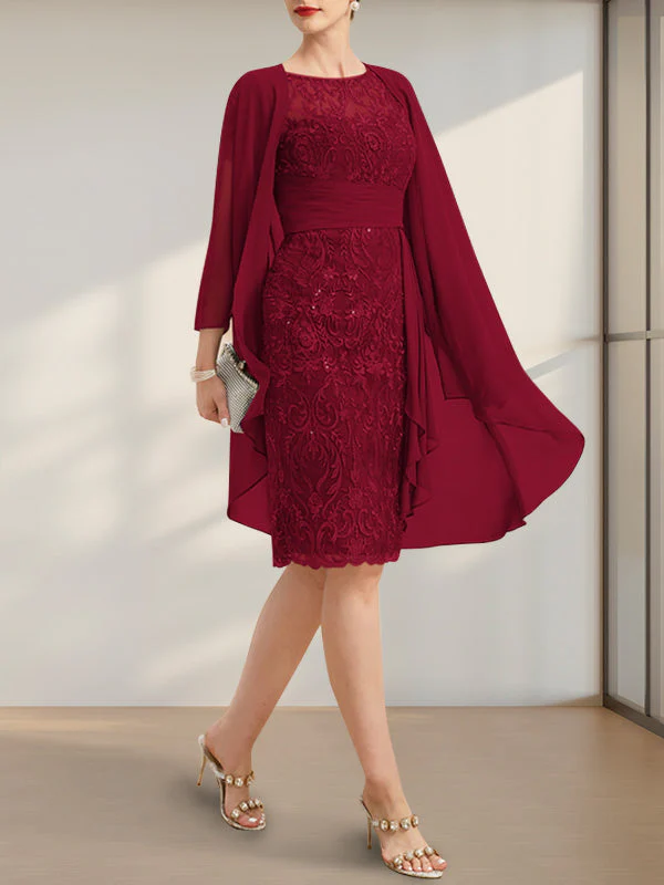 Sheath/Column Scoop Illusion Knee-Length Lace Chiffon Mother of the Bride Dress With Cascading Ruffles Sequins - Image 6