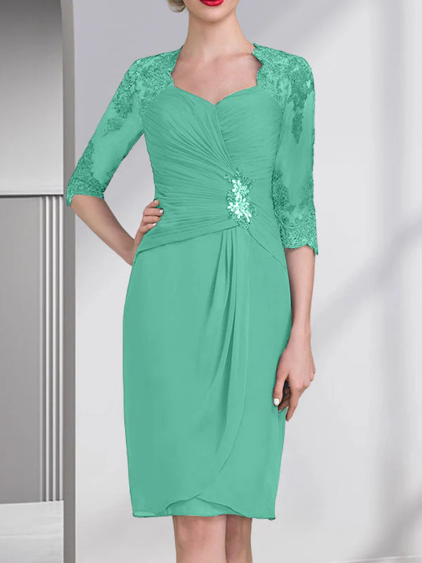 Sheath/Column Sweetheart Knee-Length Chiffon Mother of the Bride Dress With Beading Appliques Lace Sequins Pleated - Image 28