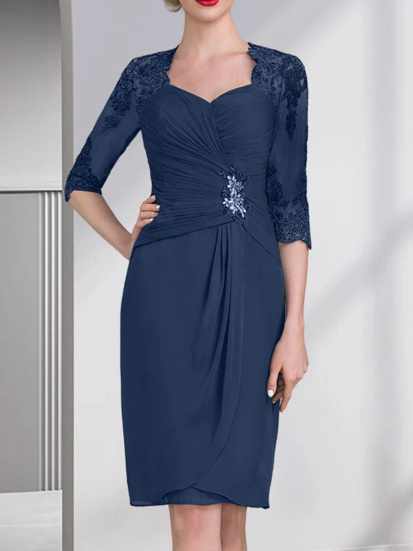 Sheath/Column Sweetheart Knee-Length Chiffon Mother of the Bride Dress With Beading Appliques Lace Sequins Pleated - Image 29