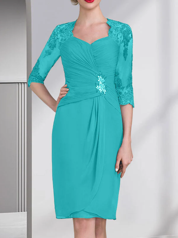 Sheath/Column Sweetheart Knee-Length Chiffon Mother of the Bride Dress With Beading Appliques Lace Sequins Pleated - Image 41