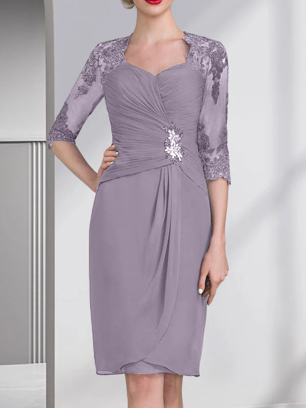 Sheath/Column Sweetheart Knee-Length Chiffon Mother of the Bride Dress With Beading Appliques Lace Sequins Pleated - Image 44