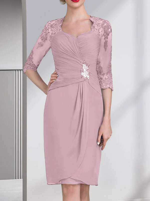 Sheath/Column Sweetheart Knee-Length Chiffon Mother of the Bride Dress With Beading Appliques Lace Sequins Pleated - Image 46