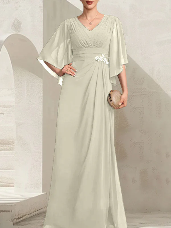 Sheath/Column V-Neck Floor-Length Chiffon Mother of the Bride Dress With Pleated Sequins Beading - Image 22