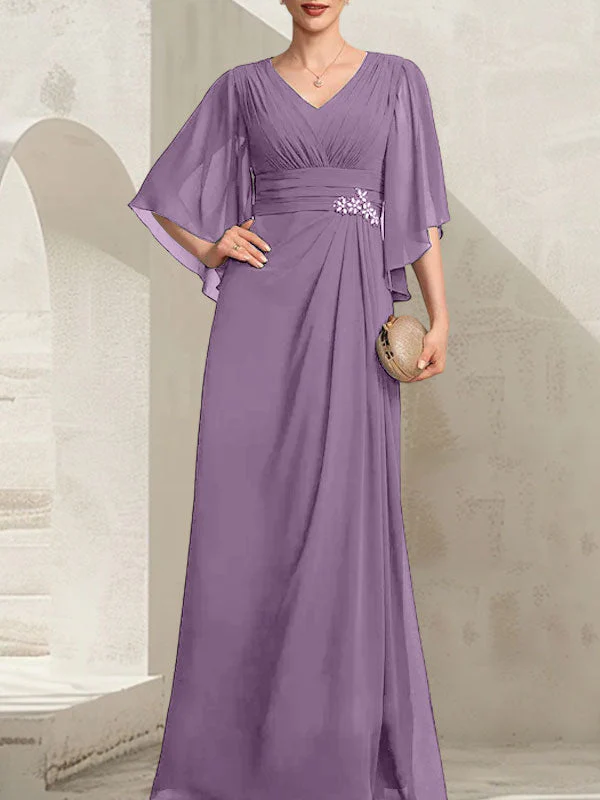 Sheath/Column V-Neck Floor-Length Chiffon Mother of the Bride Dress With Pleated Sequins Beading - Image 27