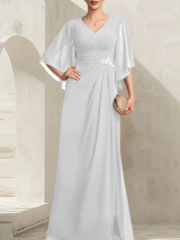 Sheath/Column V-Neck Floor-Length Chiffon Mother of the Bride Dress With Pleated Sequins Beading - Image 42
