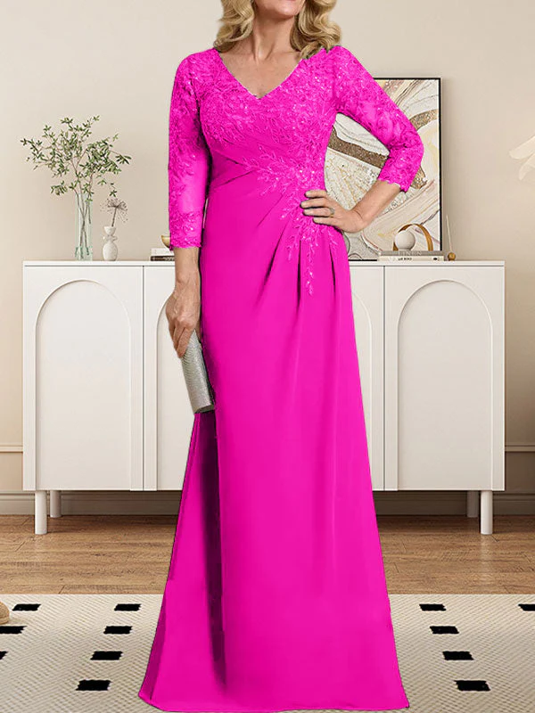 Sheath/Column V-Neck Illusion Floor-Length Lace Chiffon Mother of the Bride Dress With Pleated Sequins - Image 17