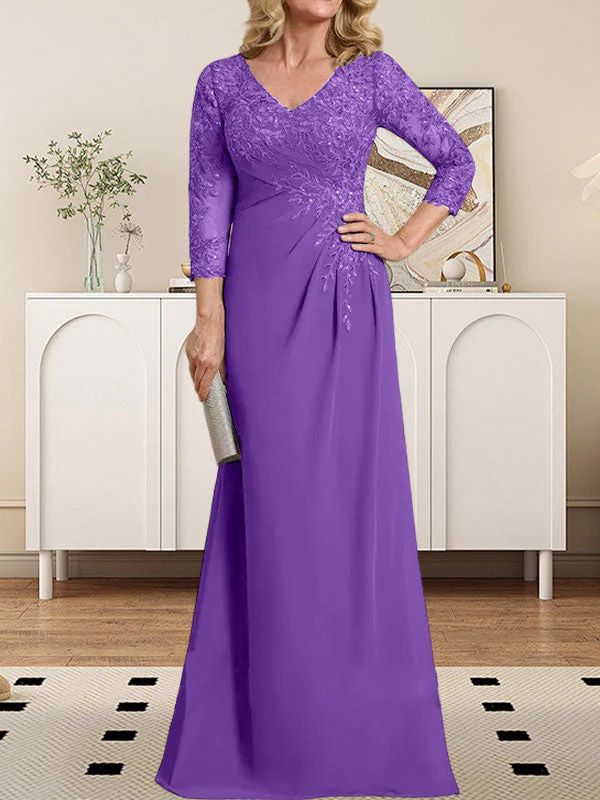 Sheath/Column V-Neck Illusion Floor-Length Lace Chiffon Mother of the Bride Dress With Pleated Sequins - Image 30