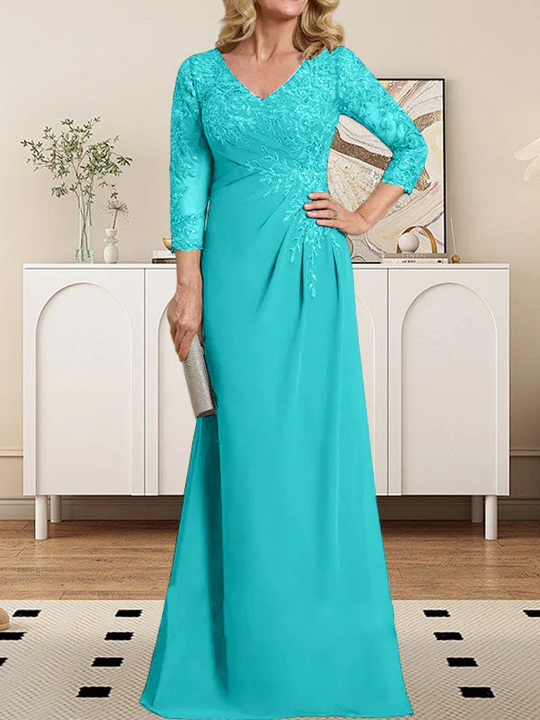 Sheath/Column V-Neck Illusion Floor-Length Lace Chiffon Mother of the Bride Dress With Pleated Sequins - Image 37