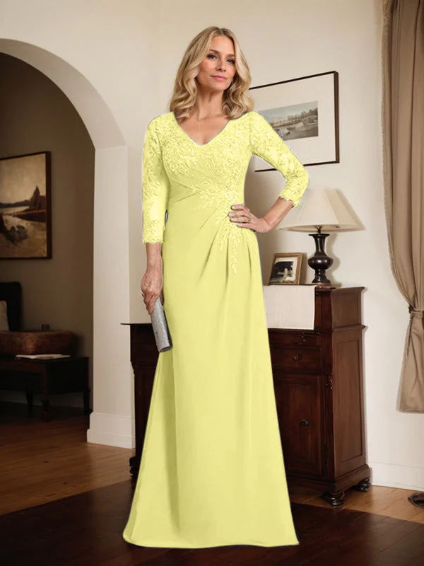 Sheath/Column V-Neck Illusion Floor-Length Lace Chiffon Mother of the Bride Dress With Pleated Sequins - Image 60