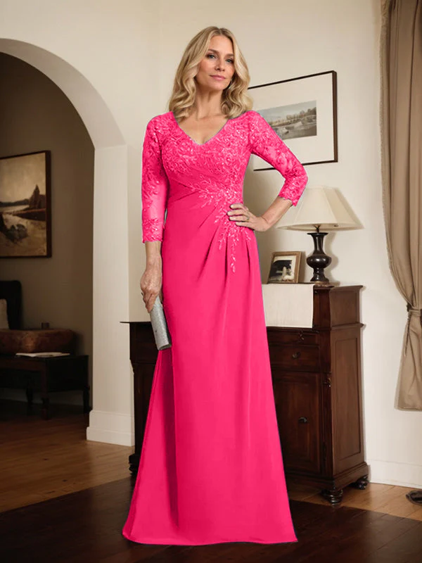 Sheath/Column V-Neck Illusion Floor-Length Lace Chiffon Mother of the Bride Dress With Pleated Sequins - Image 65