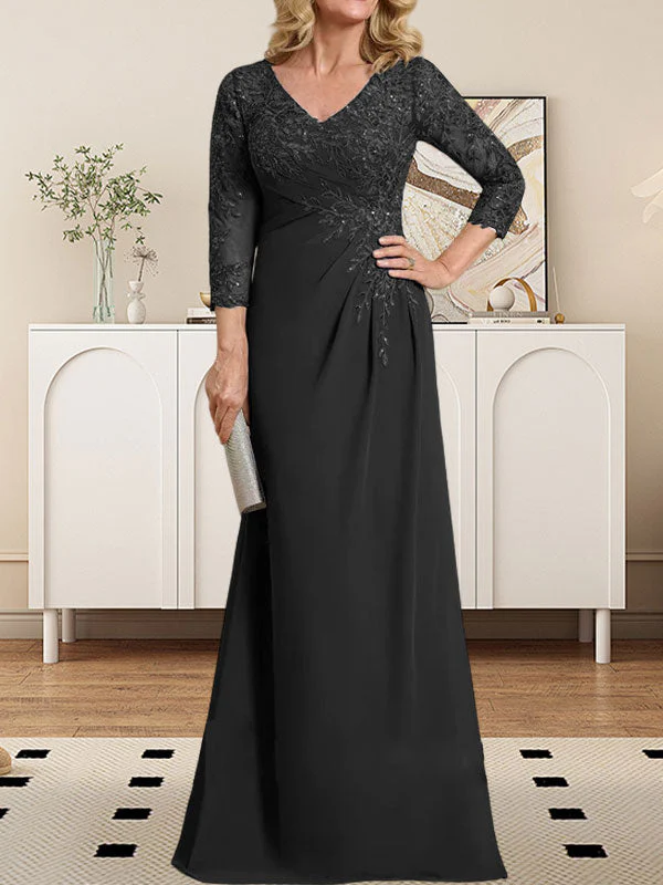 Sheath/Column V-Neck Illusion Floor-Length Lace Chiffon Mother of the Bride Dress With Pleated Sequins - Image 7