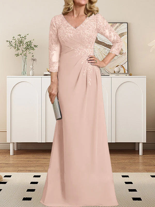 Sheath/Column V-Neck Illusion Floor-Length Lace Chiffon Mother of the Bride Dress With Pleated Sequins - Image 9