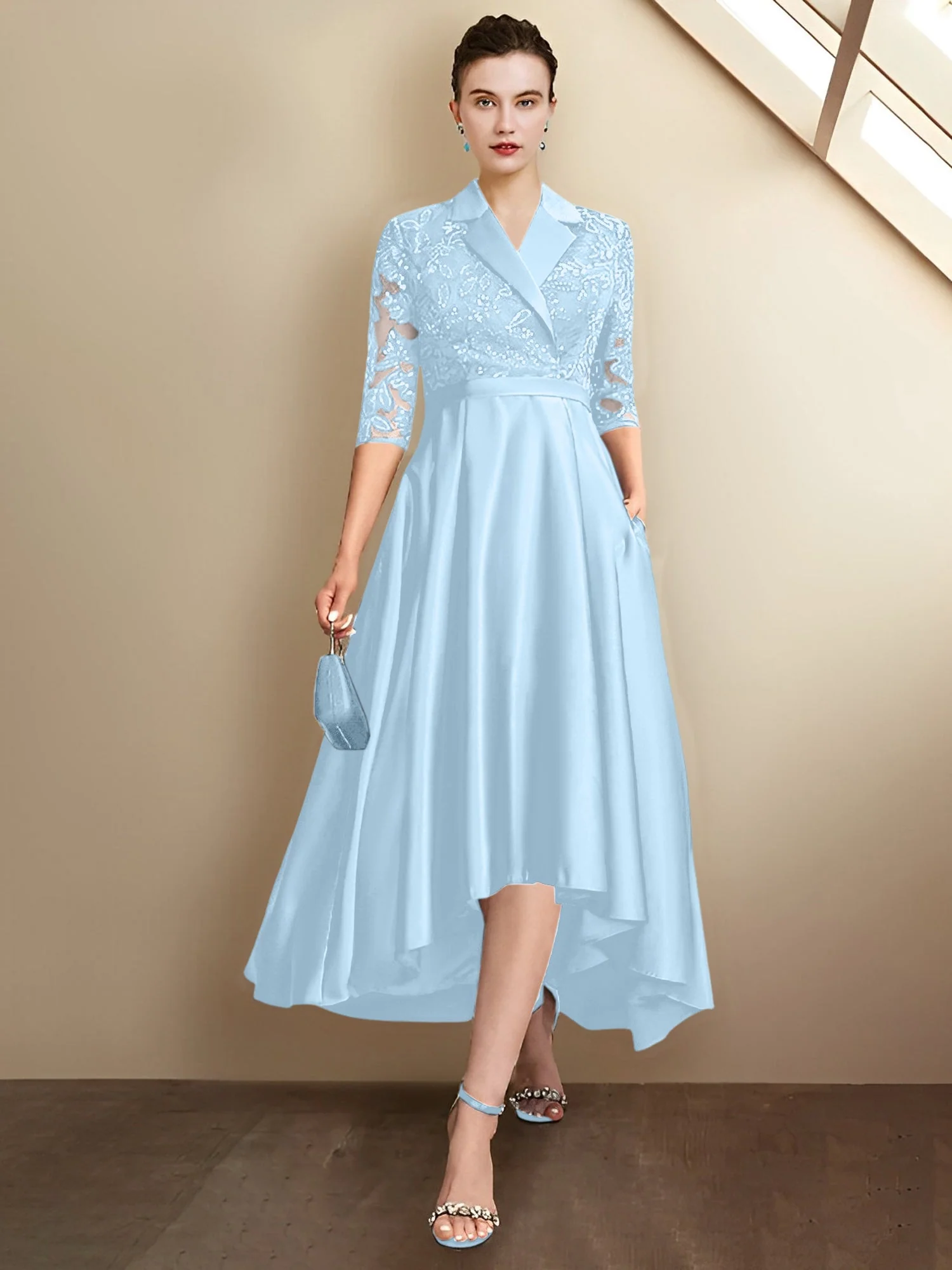 Sheath/Column V-Neck Tea-Length Mother of the Bride Dresses - Image 58