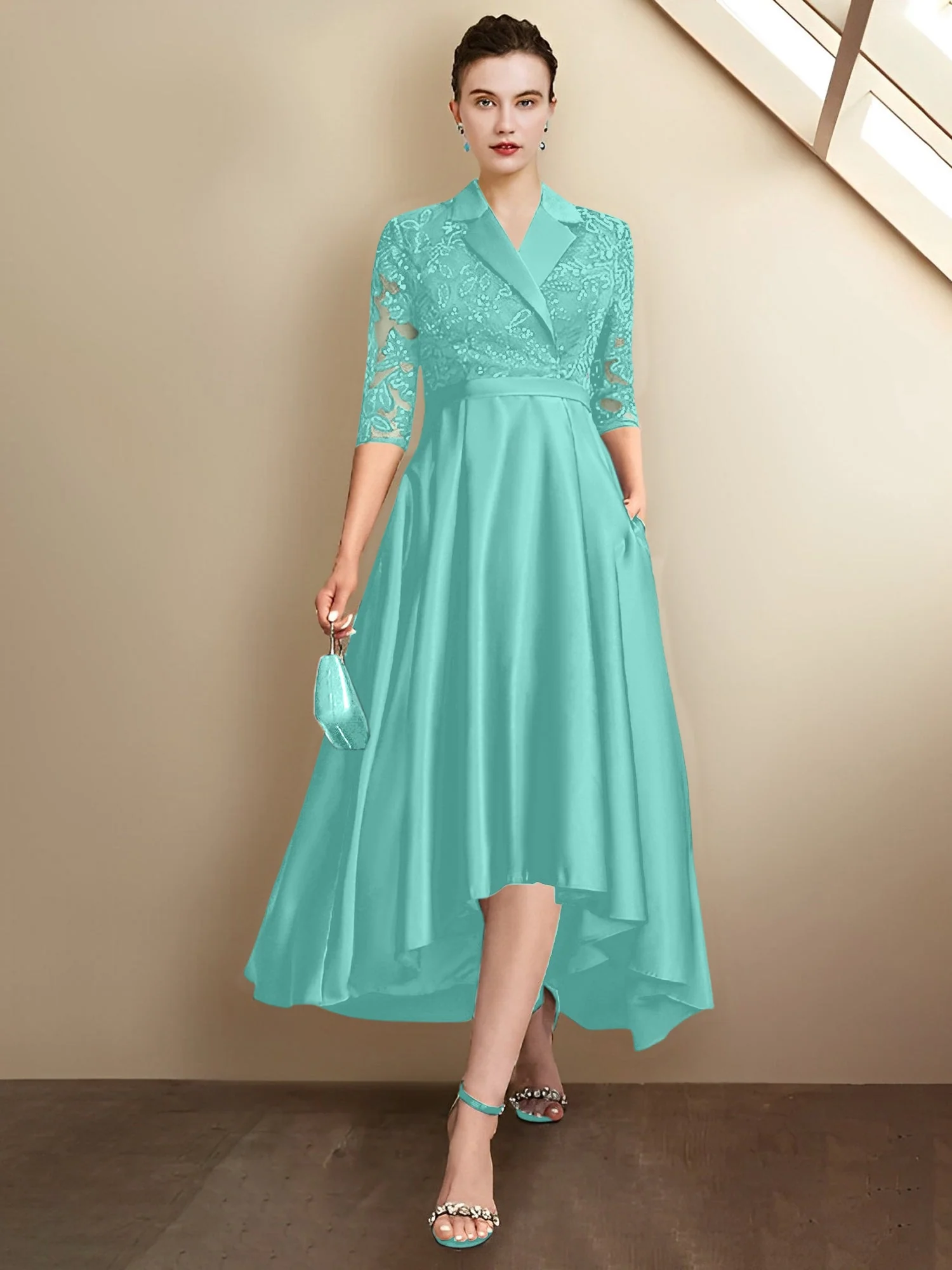 Sheath/Column V-Neck Tea-Length Mother of the Bride Dresses - Image 64