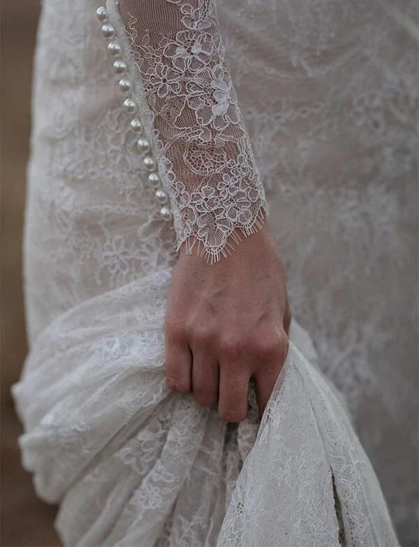 Sheath Lace Long Sleeves Beaded Wedding Dresses, Vintage Bridal Gown - Image 4