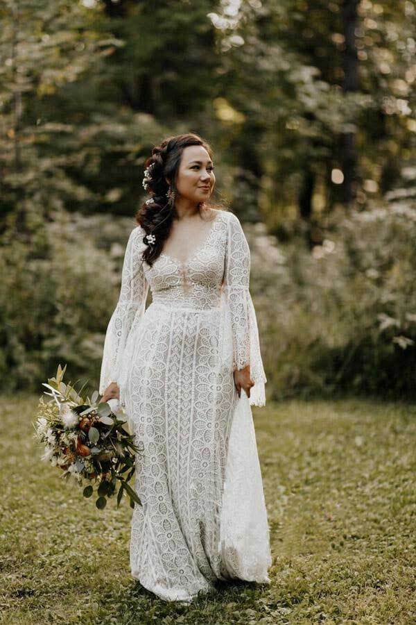 Sheath Long Sleeves Lace up Back Beach Wedding Dresses, Bridal Gown